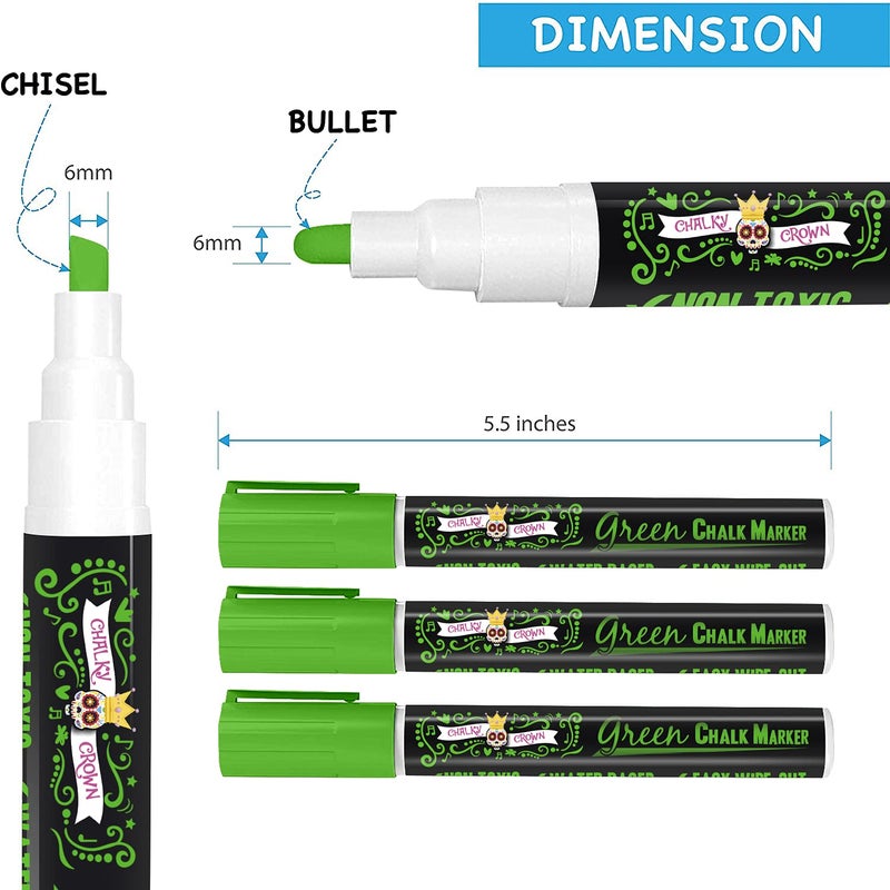 CHALKY CROWN قلم ماركر سائل تشالك كراون - قلم مسح جاف - أقلام تشالك لعلامات السبورة، النوافذ، السبورة السوداء، الزجاج - طرف قابل للعكس 6 مم (أخضر، 5 عبوات) - Image 4